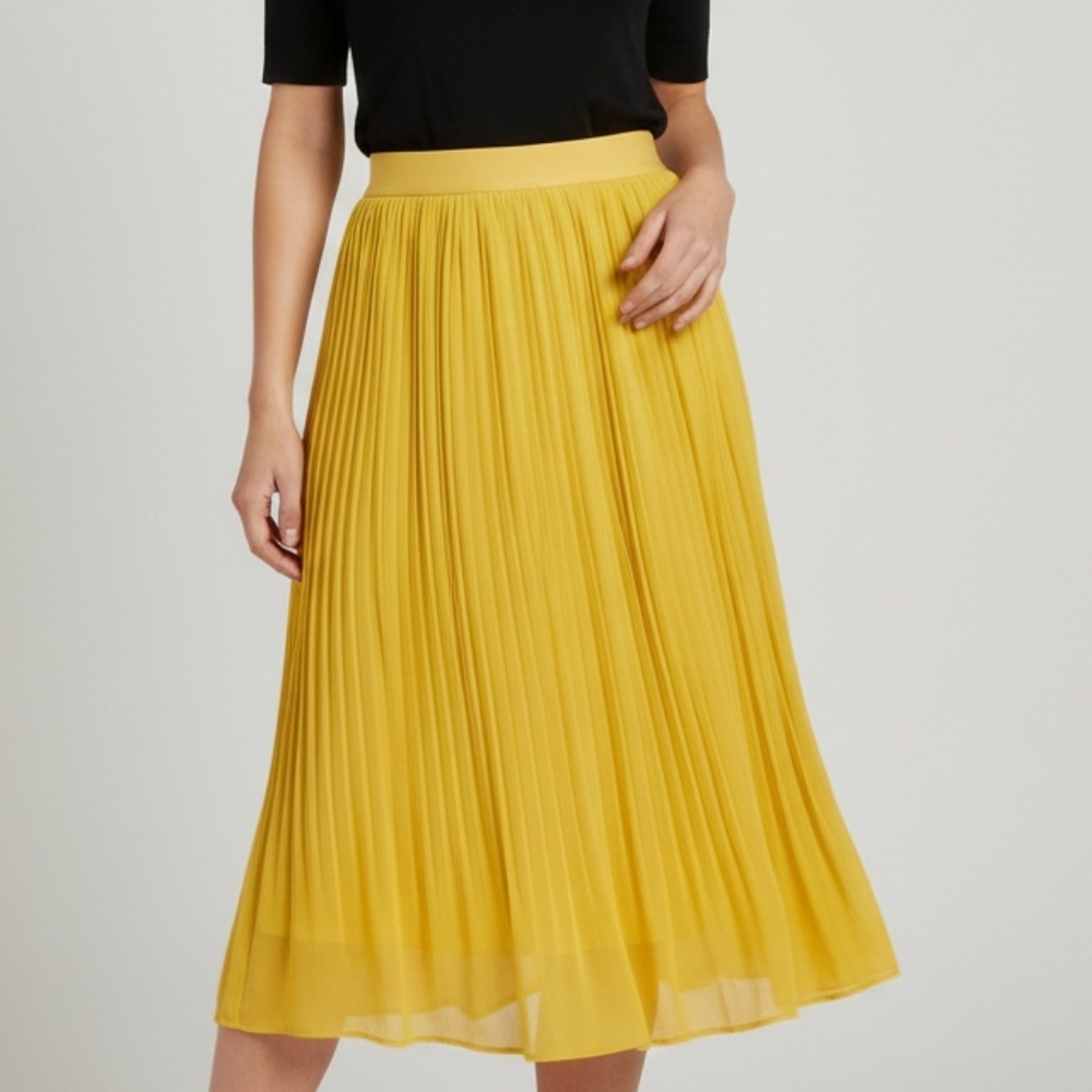 A New Day Womens Yellow Pleated Skirt Medium Flowy Elastic Waistband Pockets
